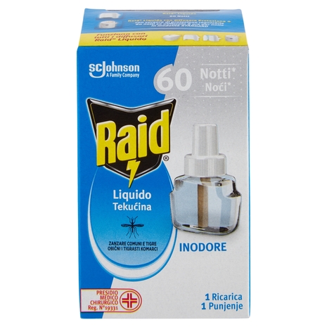Raid Liquido Elettrico Antizanzare Comuni e Tigre, Inodore, 60 notti, Ricarica 36 ml